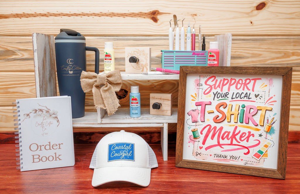 Custom apparel and gift making workspace at The Crafty Cotton Co in Freeport, Florida